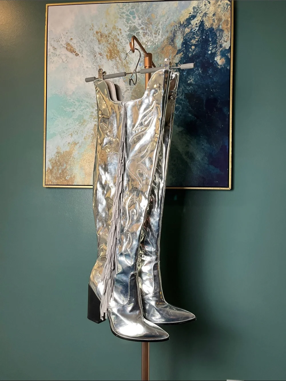 Silver Metallic Over-the-Knee Block Heel Cowgirl Boots